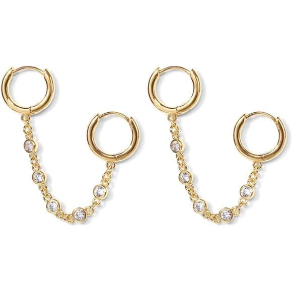 14K Gold Chain Earrings Womens Double Piercing Dangle Chain Huggie Hoop Earrings - Picture 3 of 5
